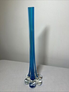 Tall Blue Art Glass Bud Vase. Blue clear glass. Solid. Unique. Perfect gift